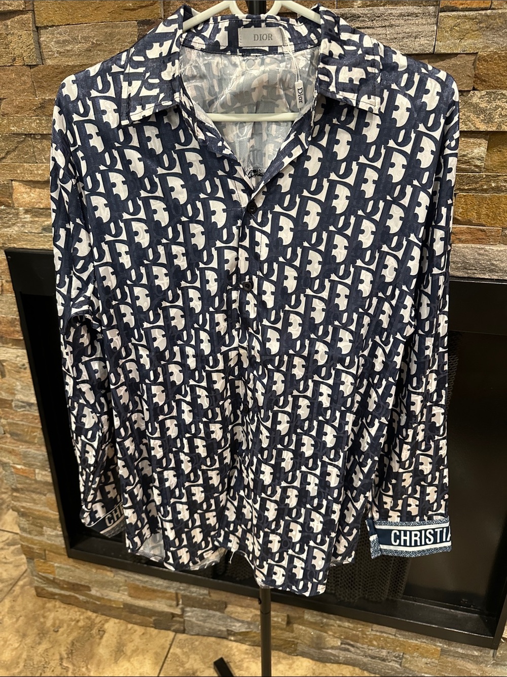 Navy and White Logo-Print Button-Down Shirt size M